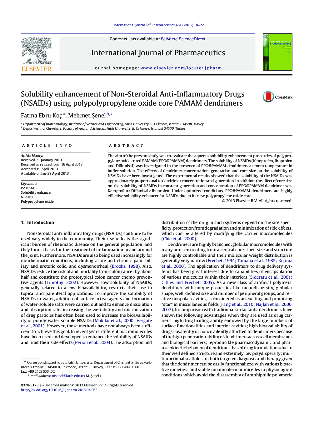 Solubility enhancement of Non-Steroidal Anti-Inflammatory Drugs (NSAIDs) using polypolypropylene oxide core PAMAM dendrimers