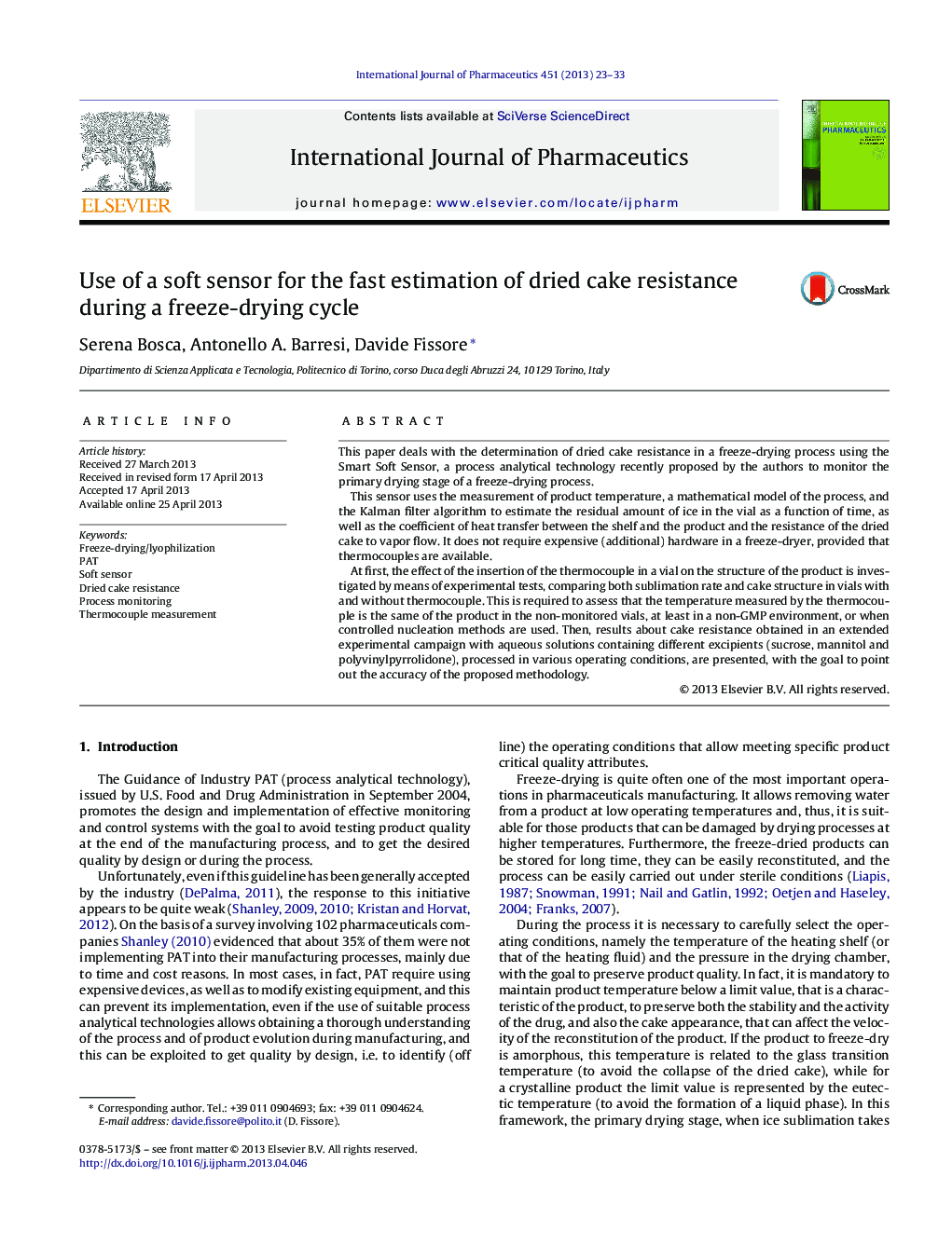 Use of a soft sensor for the fast estimation of dried cake resistance during a freeze-drying cycle