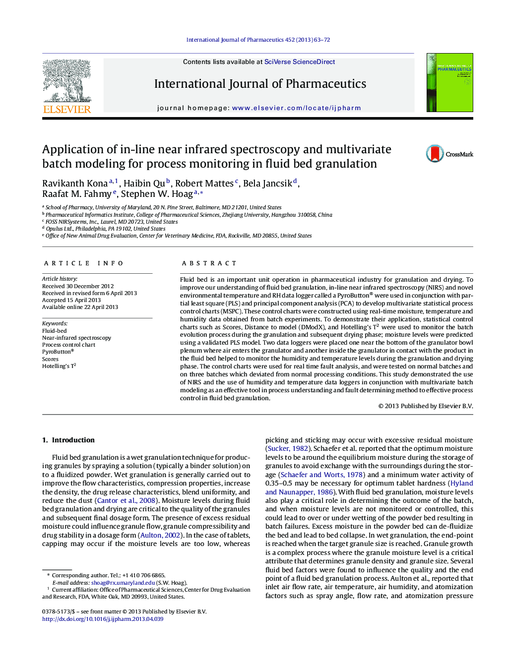 Application of in-line near infrared spectroscopy and multivariate batch modeling for process monitoring in fluid bed granulation