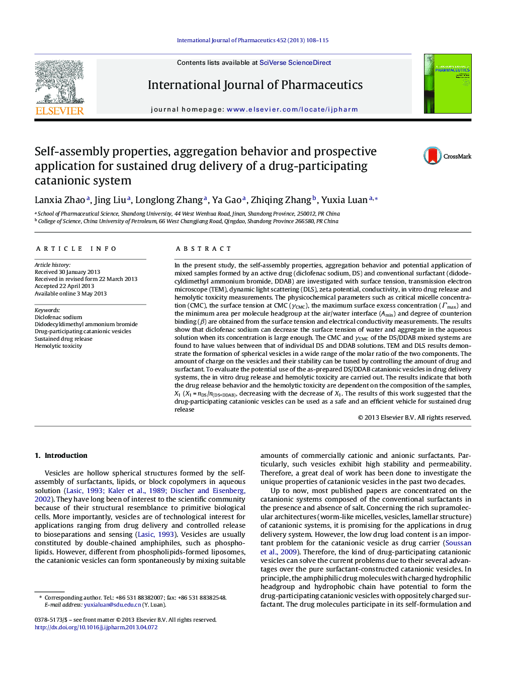 Self-assembly properties, aggregation behavior and prospective application for sustained drug delivery of a drug-participating catanionic system