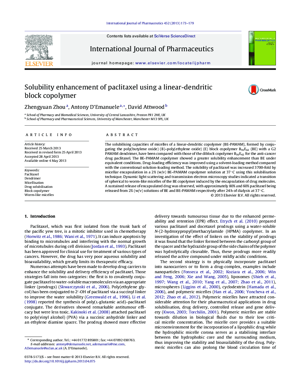 Solubility enhancement of paclitaxel using a linear-dendritic block copolymer