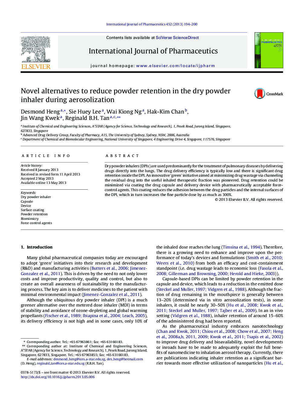 عکس صفحه اول مقاله: Novel alternatives to reduce powder retention in the dry powder inhaler during aerosolization Novel alternatives to reduce powder retention in the dry powder inhaler during aerosolization