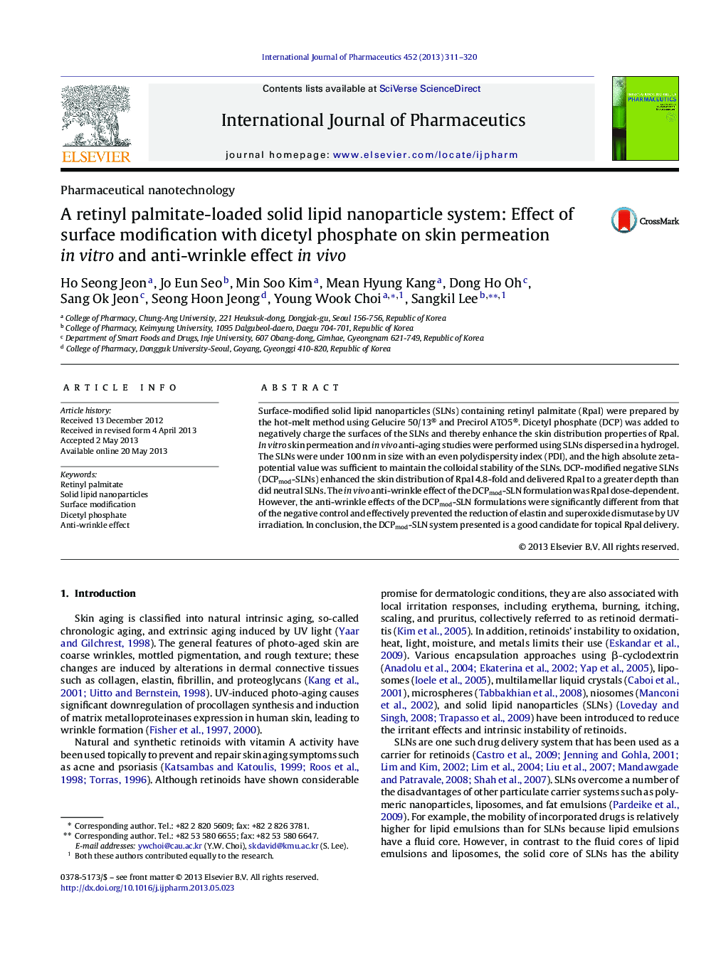 A retinyl palmitate-loaded solid lipid nanoparticle system: Effect of surface modification with dicetyl phosphate on skin permeation in vitro and anti-wrinkle effect in vivo