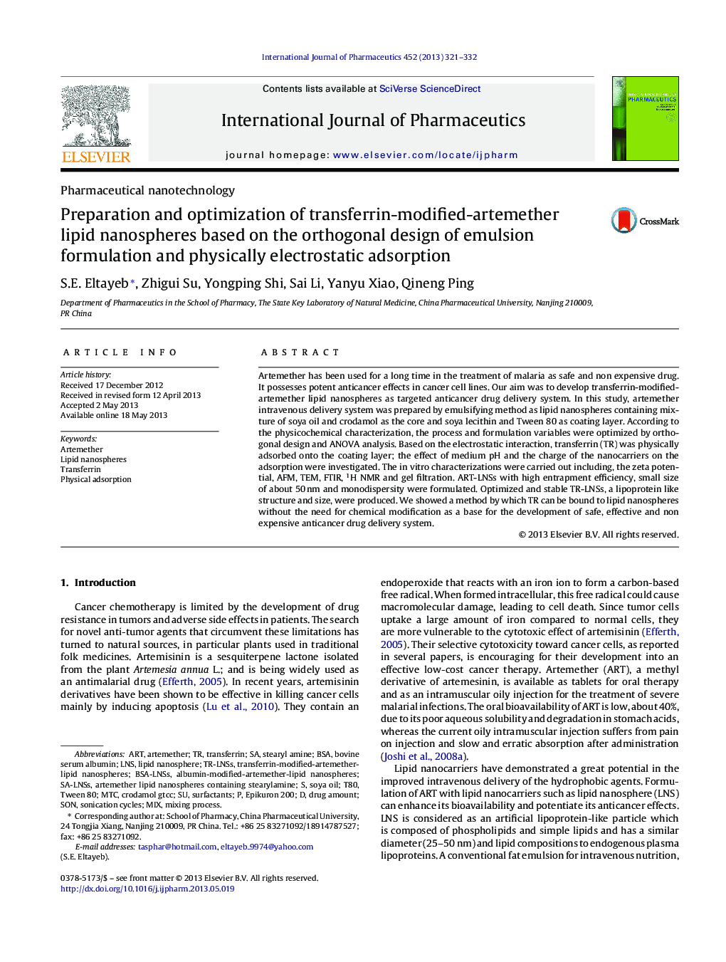 Preparation and optimization of transferrin-modified-artemether lipid nanospheres based on the orthogonal design of emulsion formulation and physically electrostatic adsorption