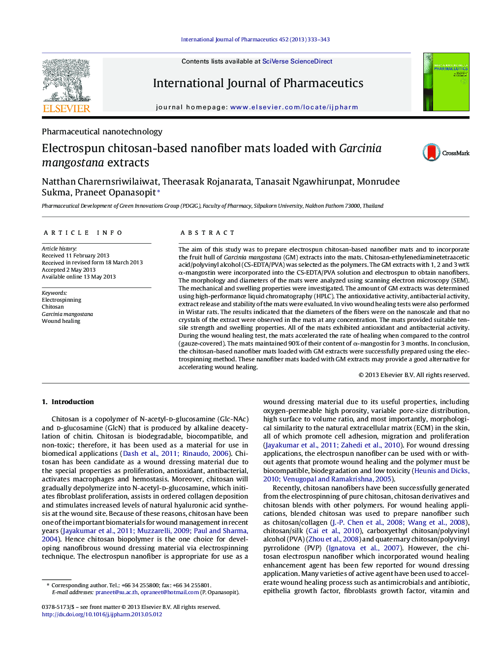 Electrospun chitosan-based nanofiber mats loaded with Garcinia mangostana extracts