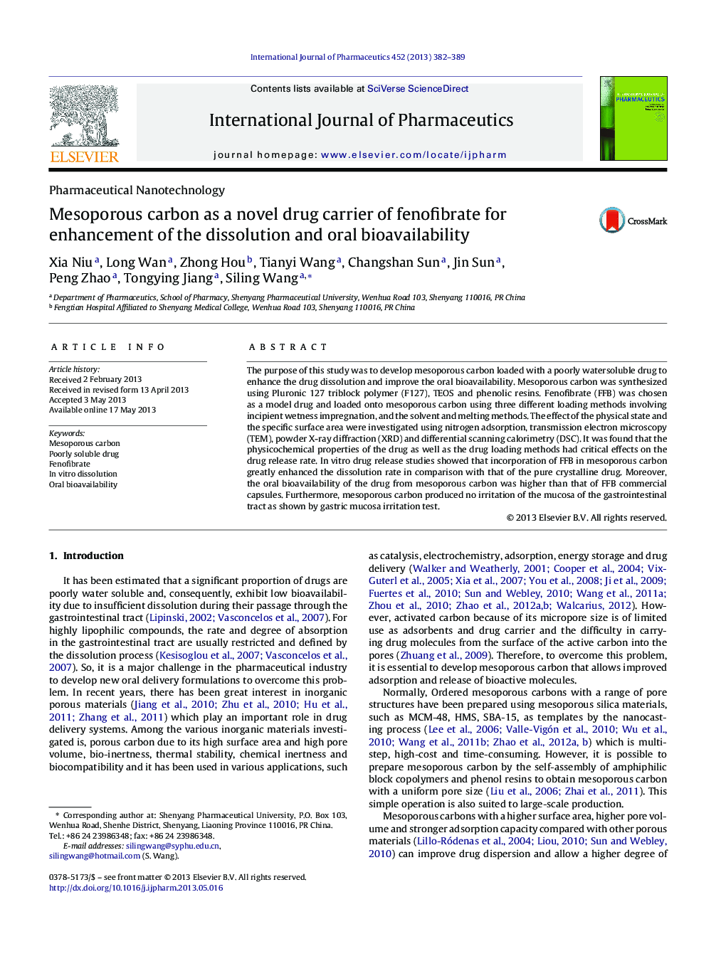 Mesoporous carbon as a novel drug carrier of fenofibrate for enhancement of the dissolution and oral bioavailability