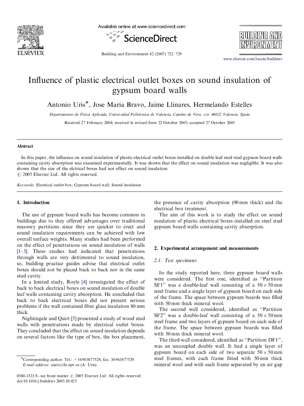 Influence of plastic electrical outlet boxes on sound insulation of gypsum board walls