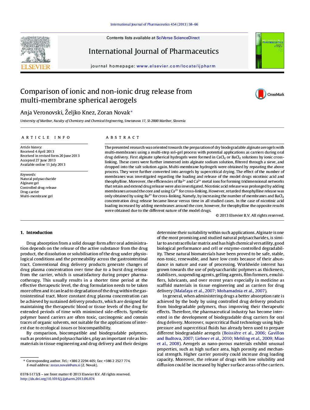 Comparison of ionic and non-ionic drug release from multi-membrane spherical aerogels