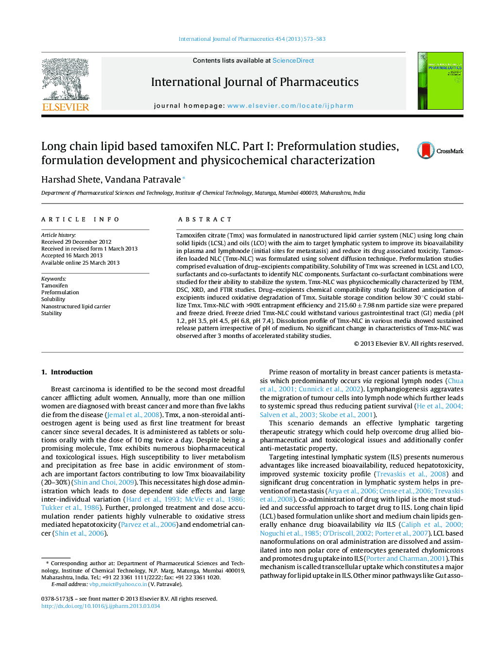 Long chain lipid based tamoxifen NLC. Part I: Preformulation studies, formulation development and physicochemical characterization