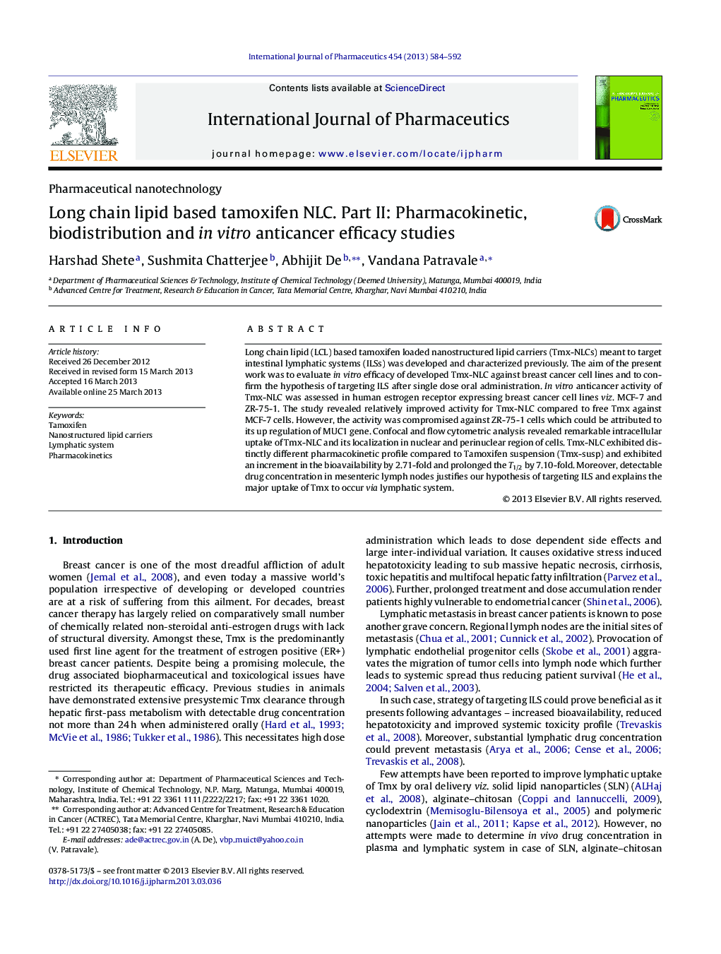 Long chain lipid based tamoxifen NLC. Part II: Pharmacokinetic, biodistribution and in vitro anticancer efficacy studies