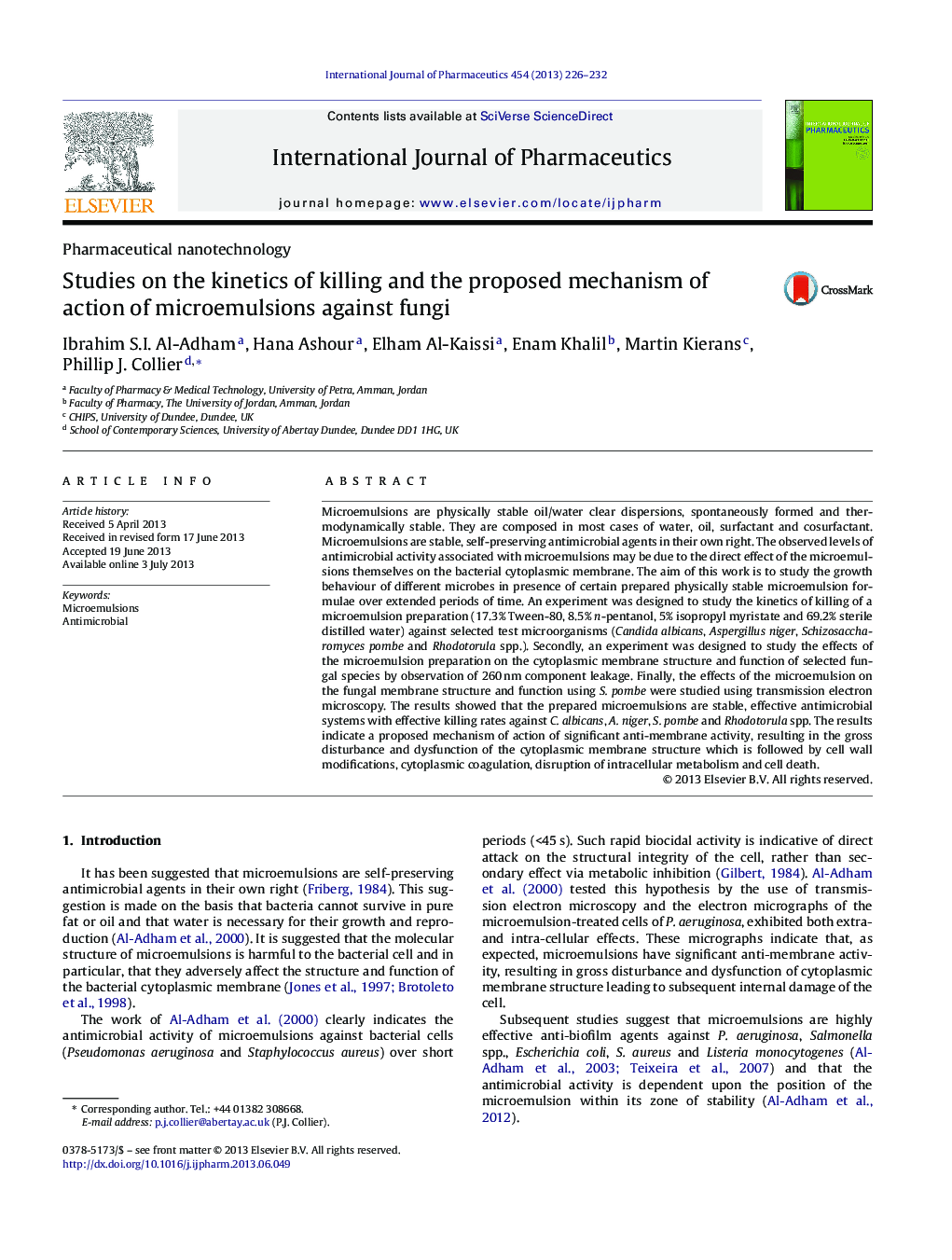 Studies on the kinetics of killing and the proposed mechanism of action of microemulsions against fungi