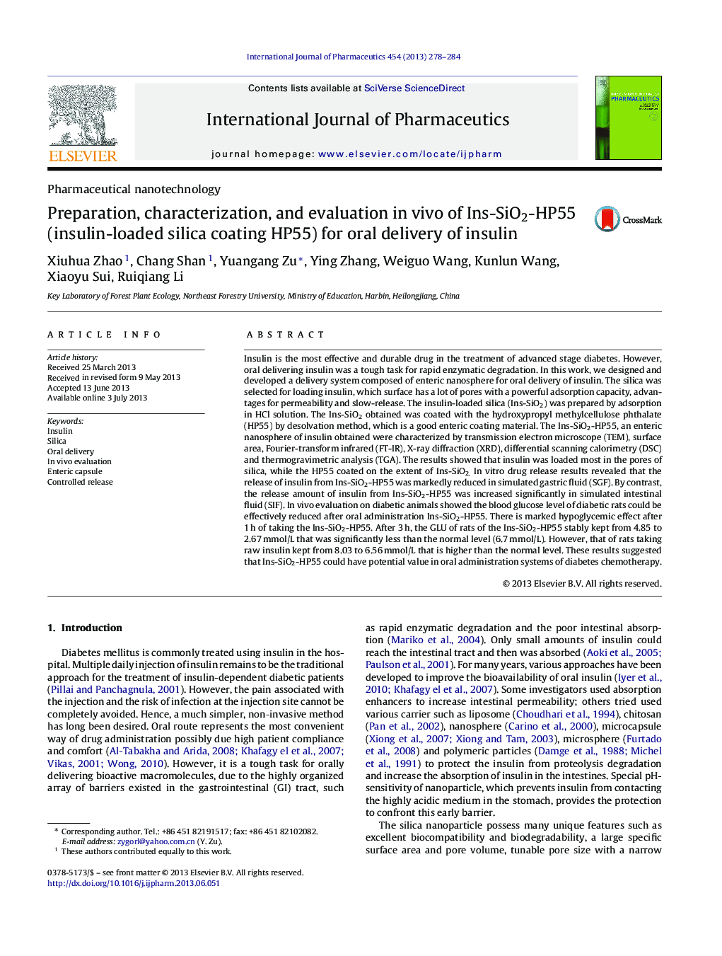 Preparation, characterization, and evaluation in vivo of Ins-SiO2-HP55 (insulin-loaded silica coating HP55) for oral delivery of insulin