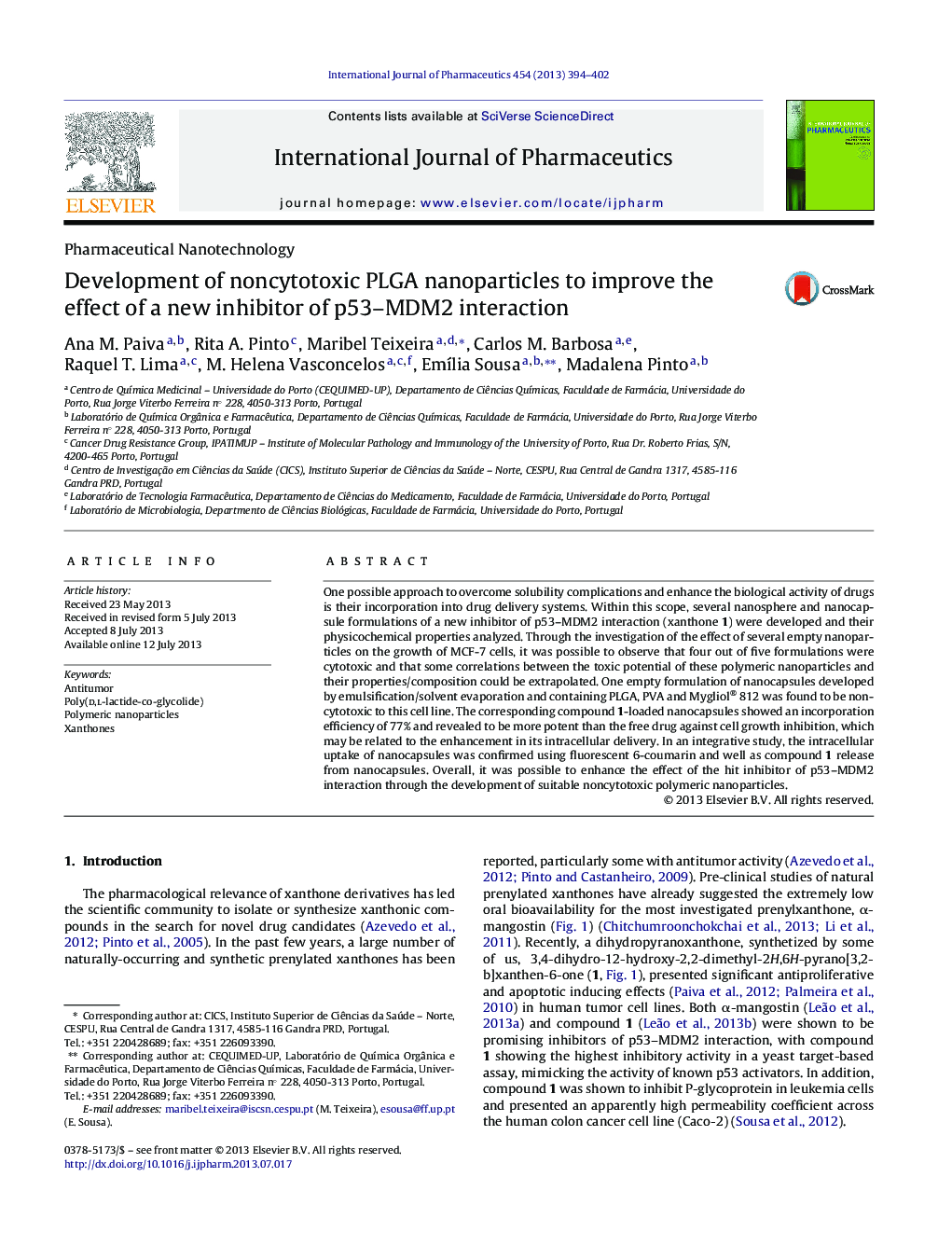 Development of noncytotoxic PLGA nanoparticles to improve the effect of a new inhibitor of p53–MDM2 interaction