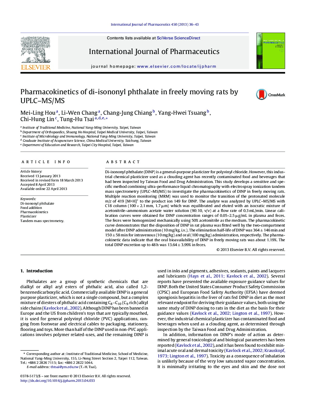 Pharmacokinetics of di-isononyl phthalate in freely moving rats by UPLC–MS/MS