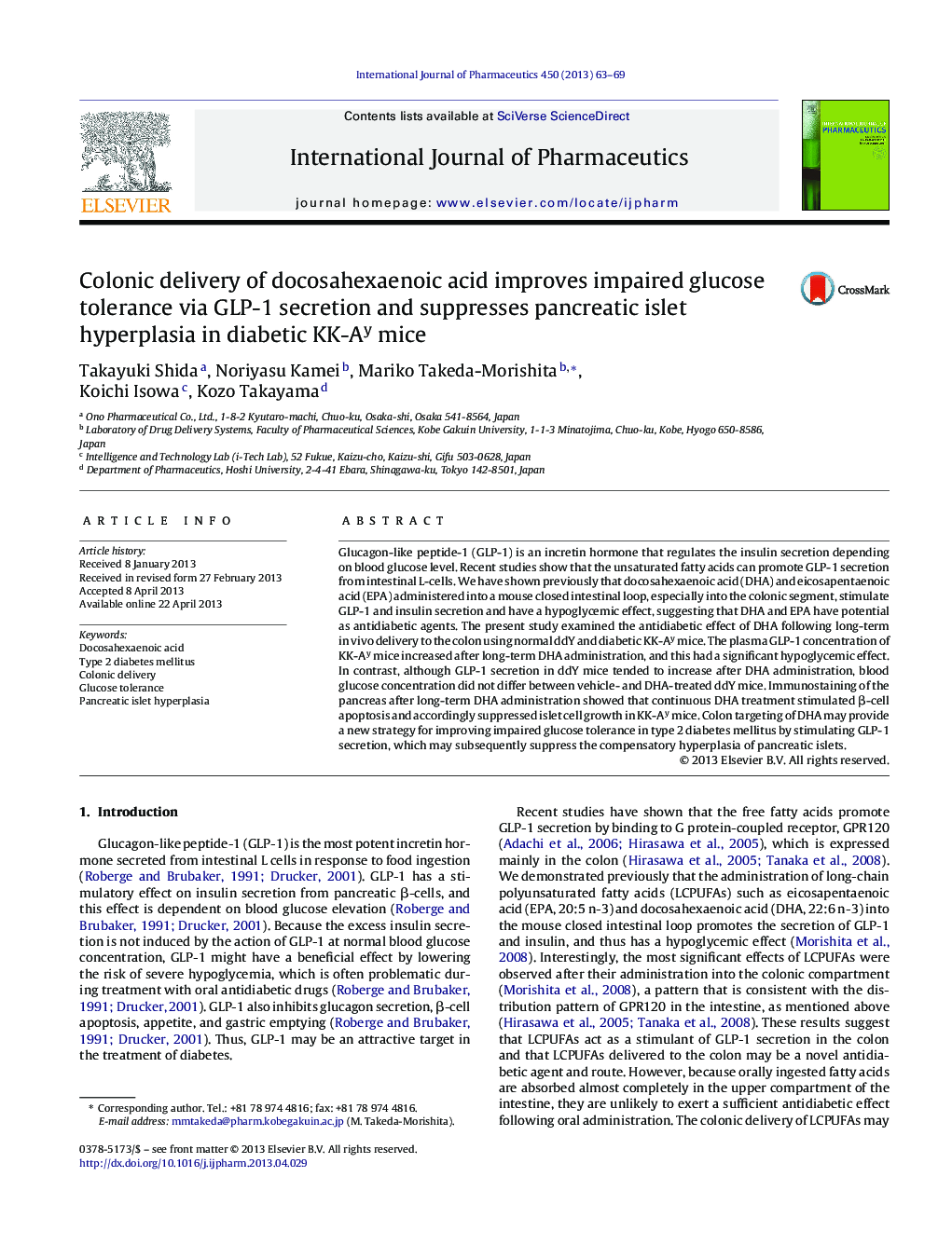 Colonic delivery of docosahexaenoic acid improves impaired glucose tolerance via GLP-1 secretion and suppresses pancreatic islet hyperplasia in diabetic KK-Ay mice