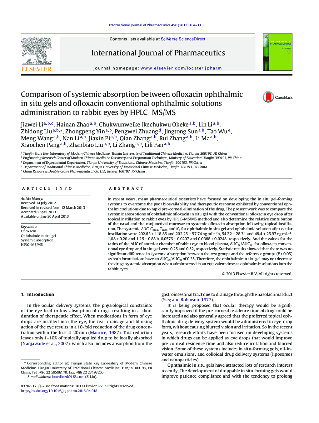 Comparison of systemic absorption between ofloxacin ophthalmic in situ gels and ofloxacin conventional ophthalmic solutions administration to rabbit eyes by HPLC–MS/MS