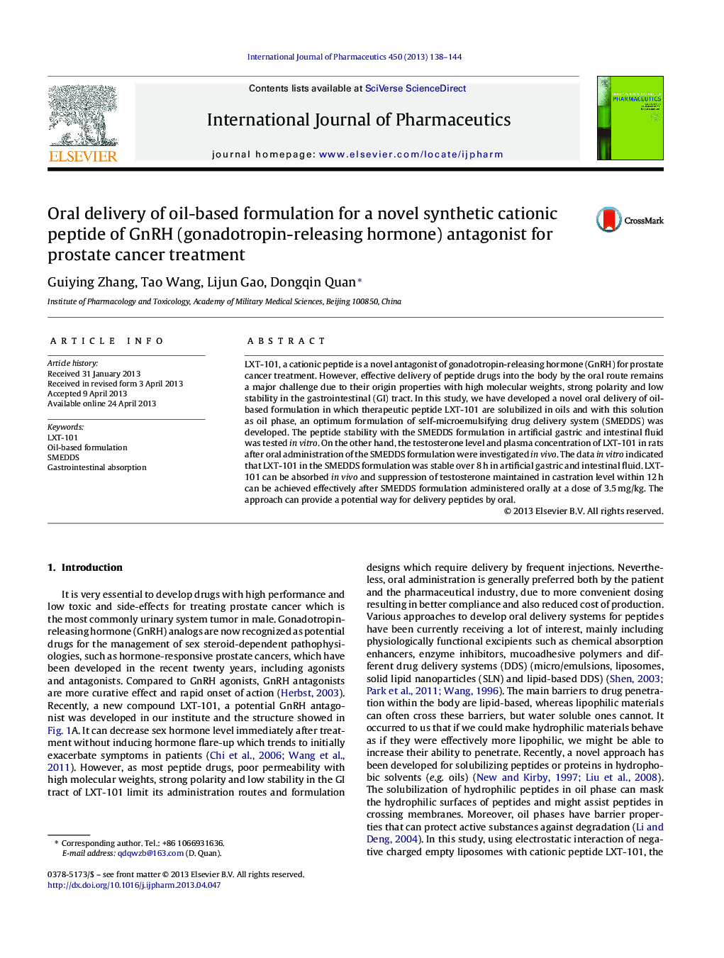 Oral delivery of oil-based formulation for a novel synthetic cationic peptide of GnRH (gonadotropin-releasing hormone) antagonist for prostate cancer treatment