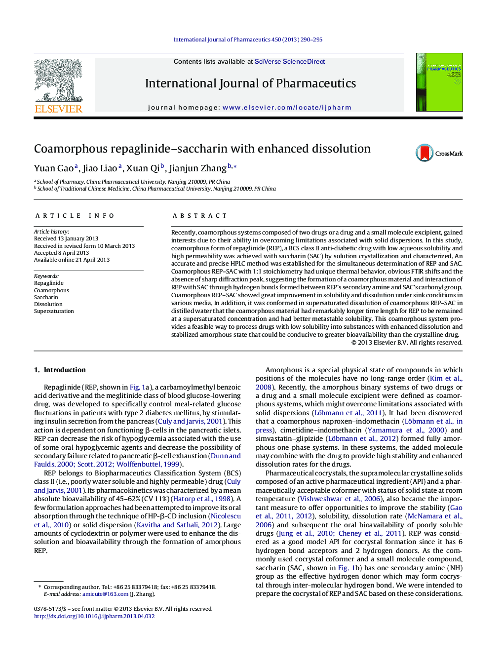 Coamorphous repaglinide–saccharin with enhanced dissolution