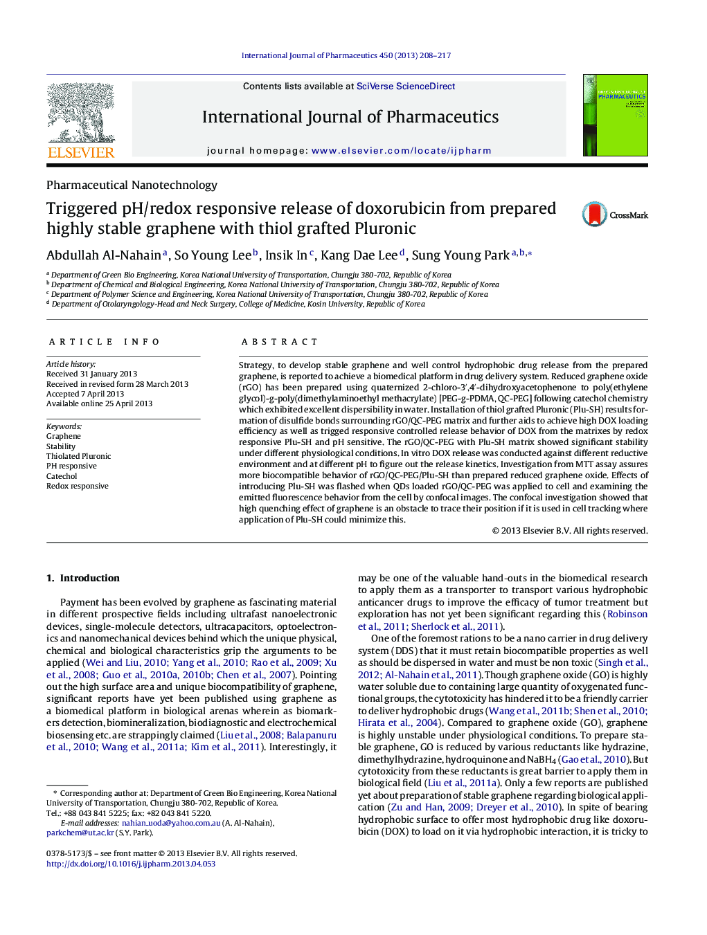 Triggered pH/redox responsive release of doxorubicin from prepared highly stable graphene with thiol grafted Pluronic