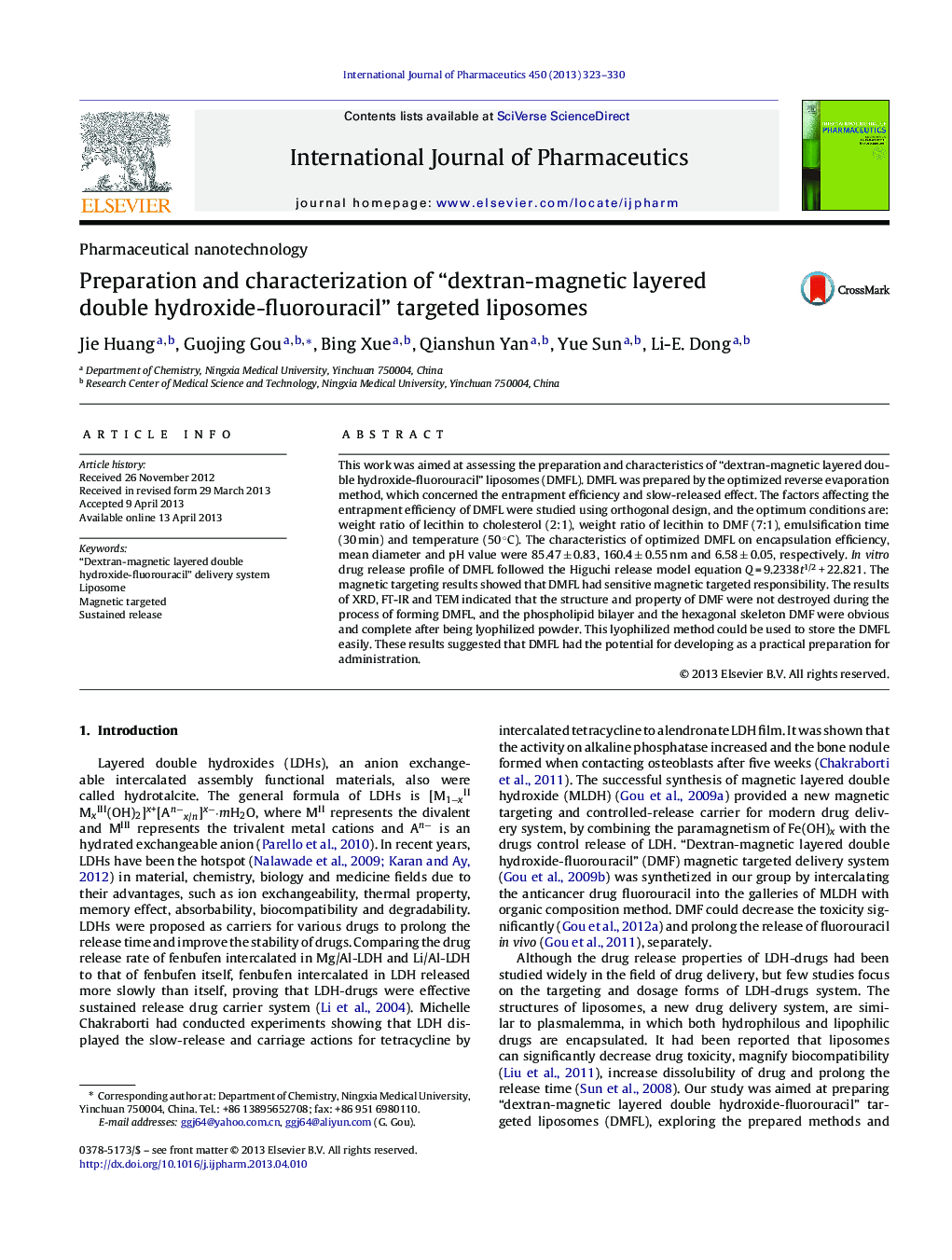 Preparation and characterization of “dextran-magnetic layered double hydroxide-fluorouracil” targeted liposomes