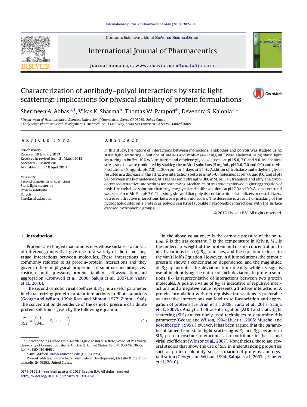 Characterization of antibody–polyol interactions by static light scattering: Implications for physical stability of protein formulations