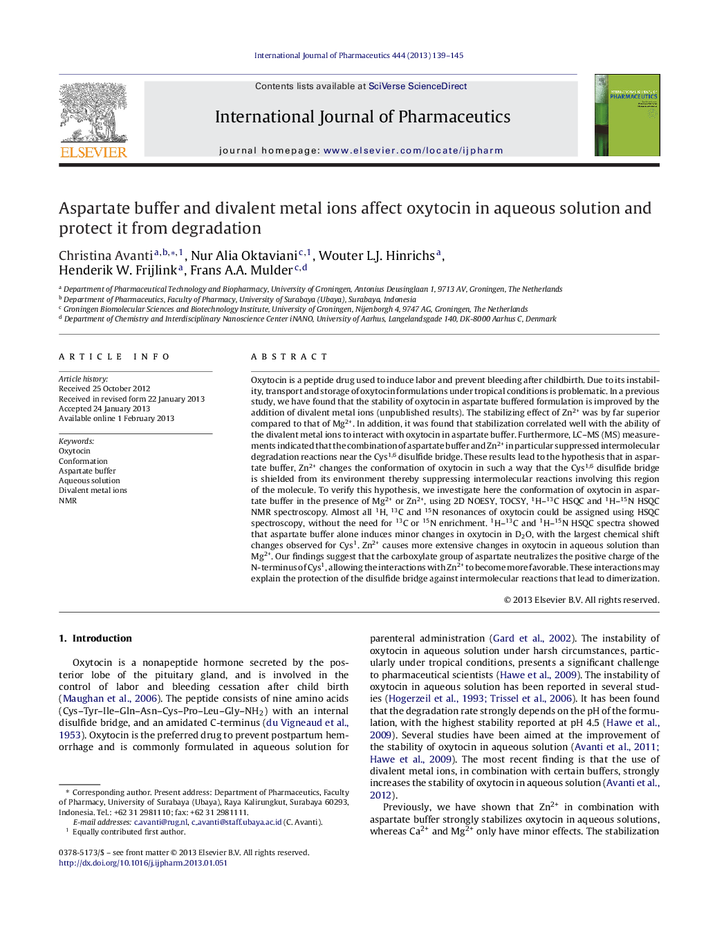 Aspartate buffer and divalent metal ions affect oxytocin in aqueous solution and protect it from degradation