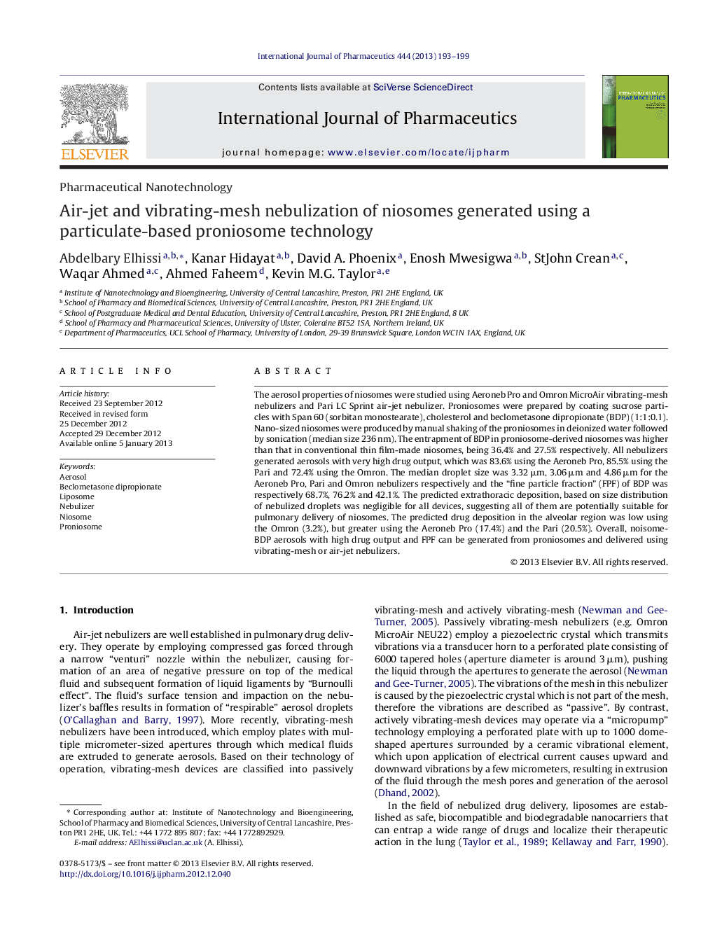 Air-jet and vibrating-mesh nebulization of niosomes generated using a particulate-based proniosome technology