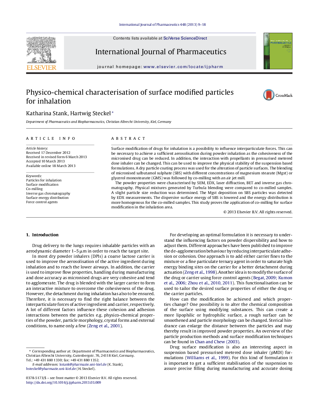 Physico-chemical characterisation of surface modified particles for inhalation