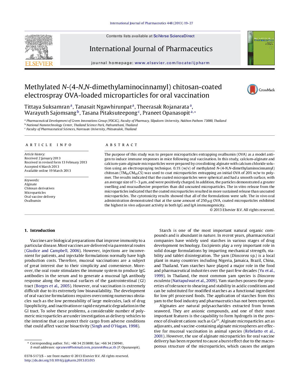 Methylated N-(4-N,N-dimethylaminocinnamyl) chitosan-coated electrospray OVA-loaded microparticles for oral vaccination