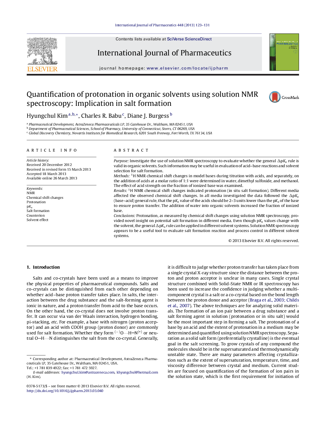 Quantification of protonation in organic solvents using solution NMR spectroscopy: Implication in salt formation