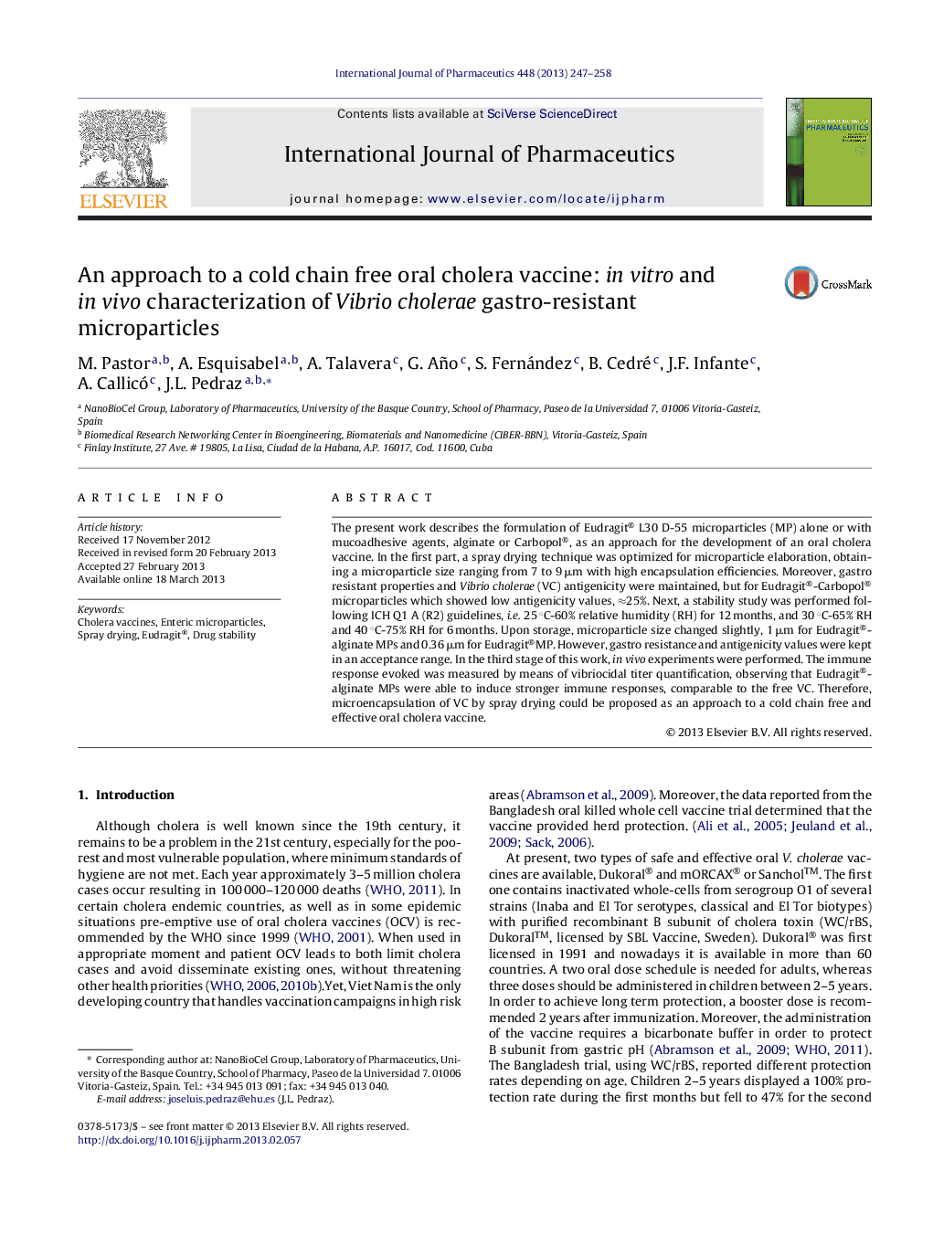An approach to a cold chain free oral cholera vaccine: in vitro and in vivo characterization of Vibrio cholerae gastro-resistant microparticles
