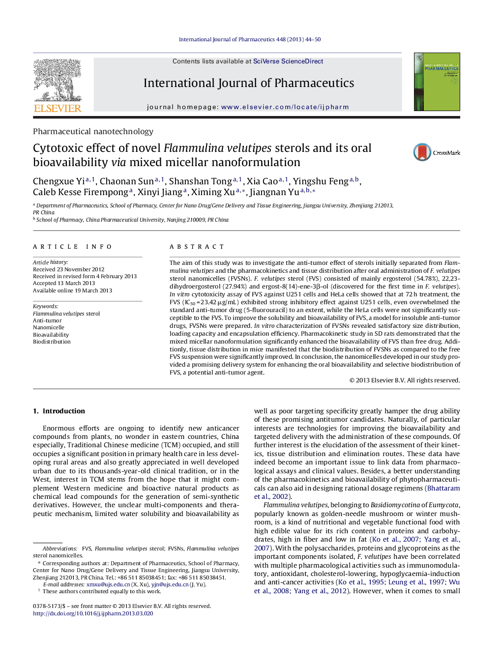 Cytotoxic effect of novel Flammulina velutipes sterols and its oral bioavailability via mixed micellar nanoformulation