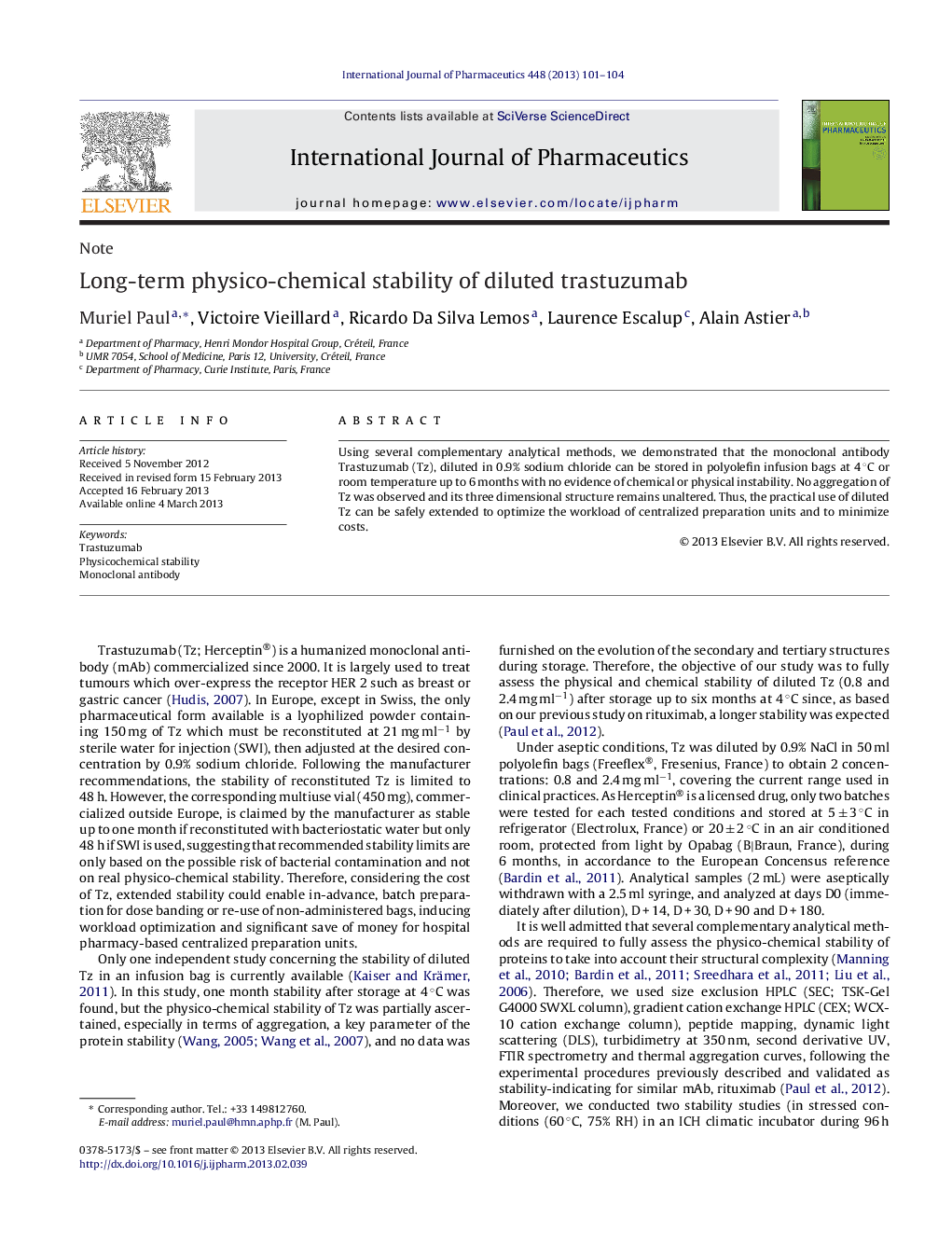 Long-term physico-chemical stability of diluted trastuzumab