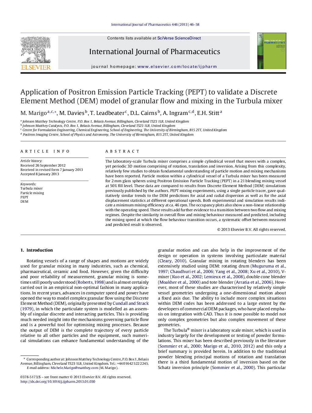 Application of Positron Emission Particle Tracking (PEPT) to validate a Discrete Element Method (DEM) model of granular flow and mixing in the Turbula mixer