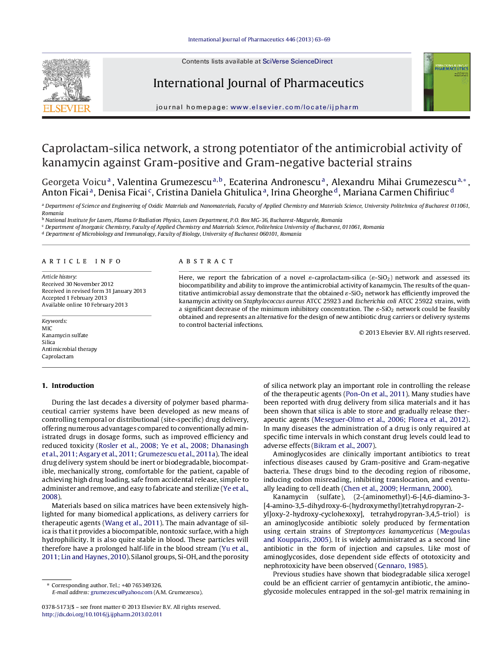 Caprolactam-silica network, a strong potentiator of the antimicrobial activity of kanamycin against Gram-positive and Gram-negative bacterial strains