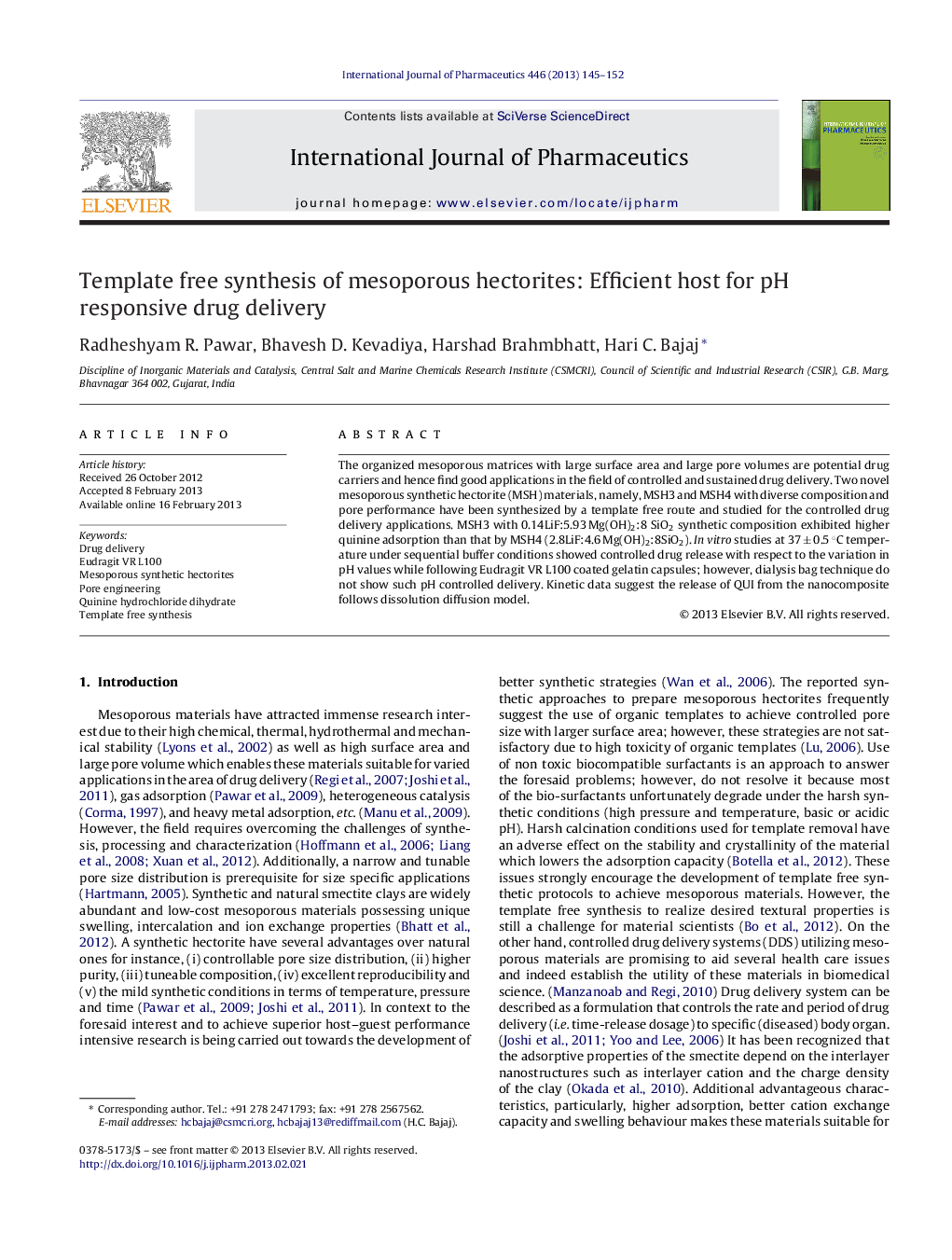 Template free synthesis of mesoporous hectorites: Efficient host for pH responsive drug delivery