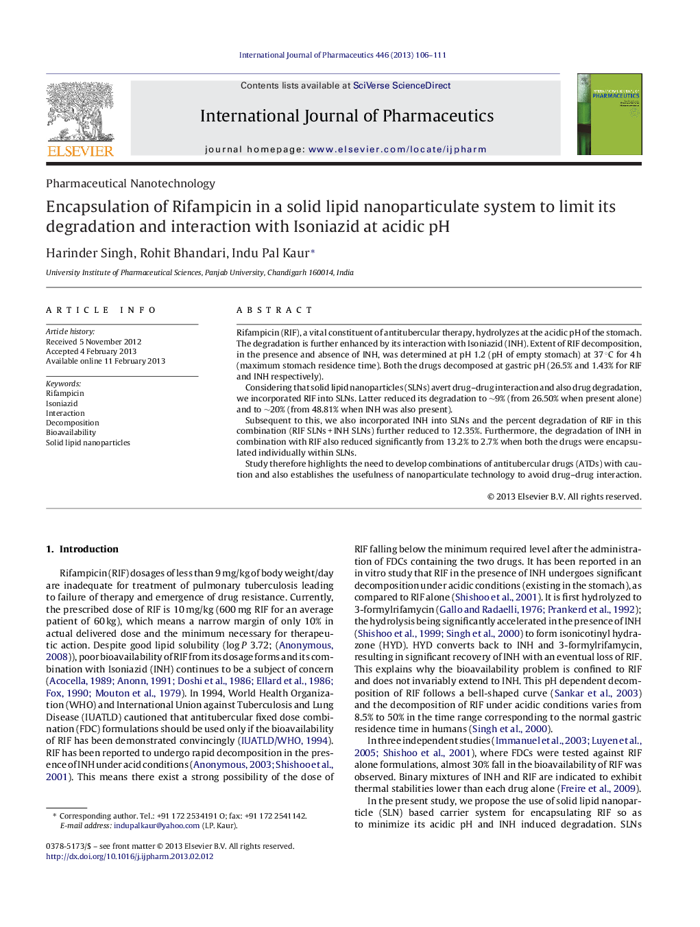 Encapsulation of Rifampicin in a solid lipid nanoparticulate system to limit its degradation and interaction with Isoniazid at acidic pH