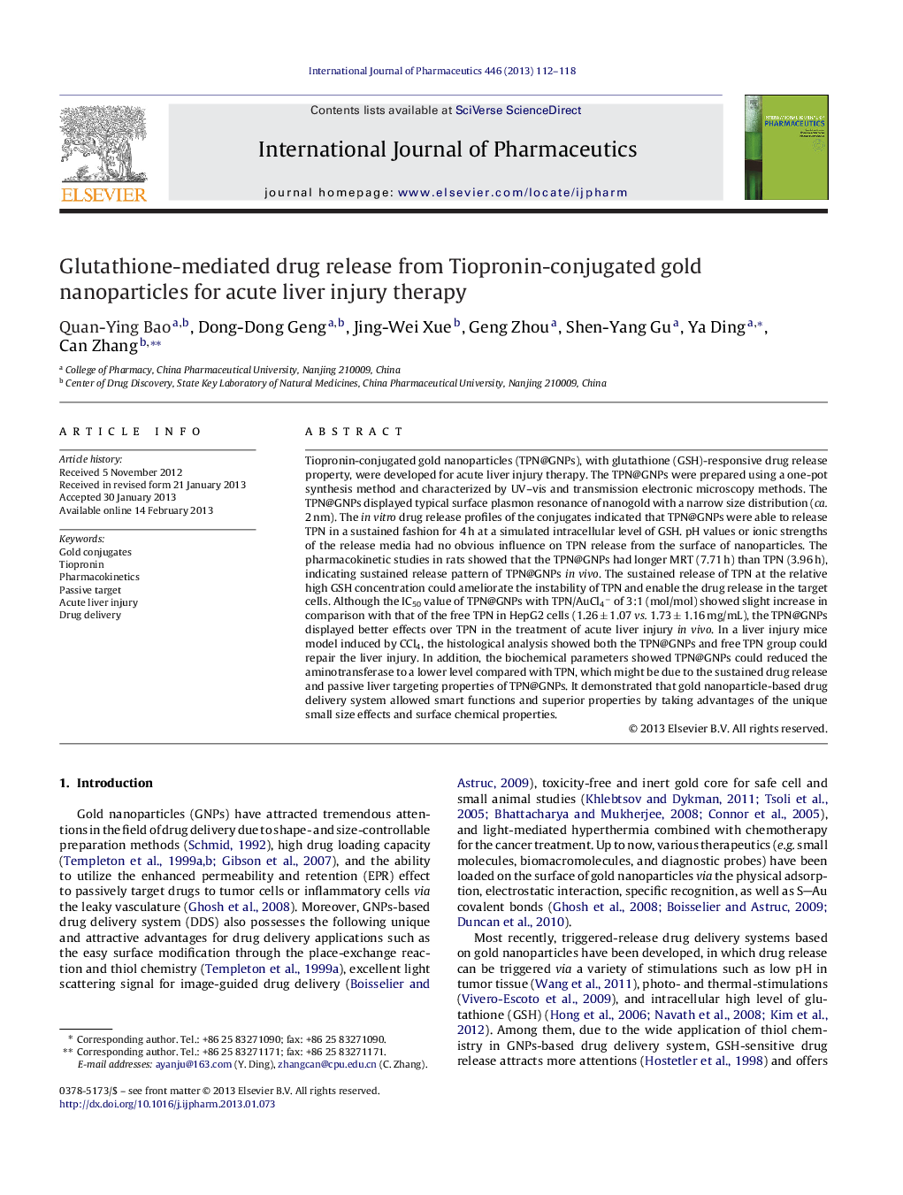 Glutathione-mediated drug release from Tiopronin-conjugated gold nanoparticles for acute liver injury therapy