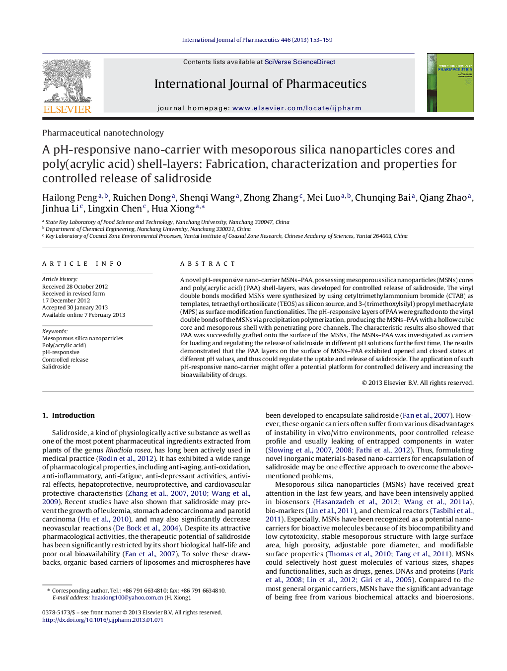 A pH-responsive nano-carrier with mesoporous silica nanoparticles cores and poly(acrylic acid) shell-layers: Fabrication, characterization and properties for controlled release of salidroside