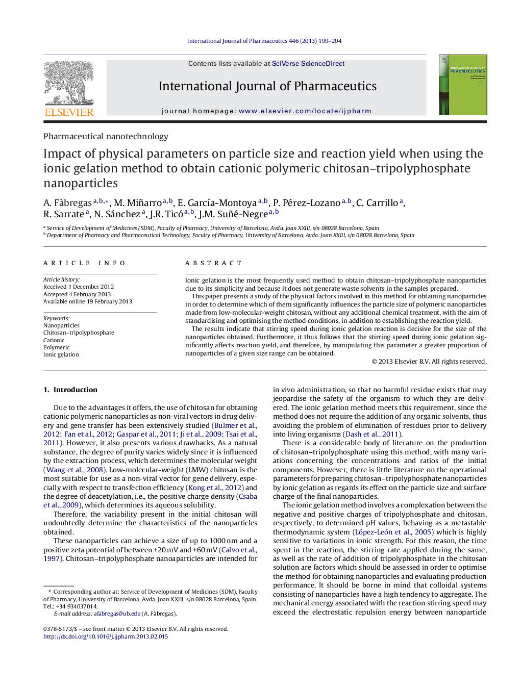 Impact of physical parameters on particle size and reaction yield when using the ionic gelation method to obtain cationic polymeric chitosan–tripolyphosphate nanoparticles