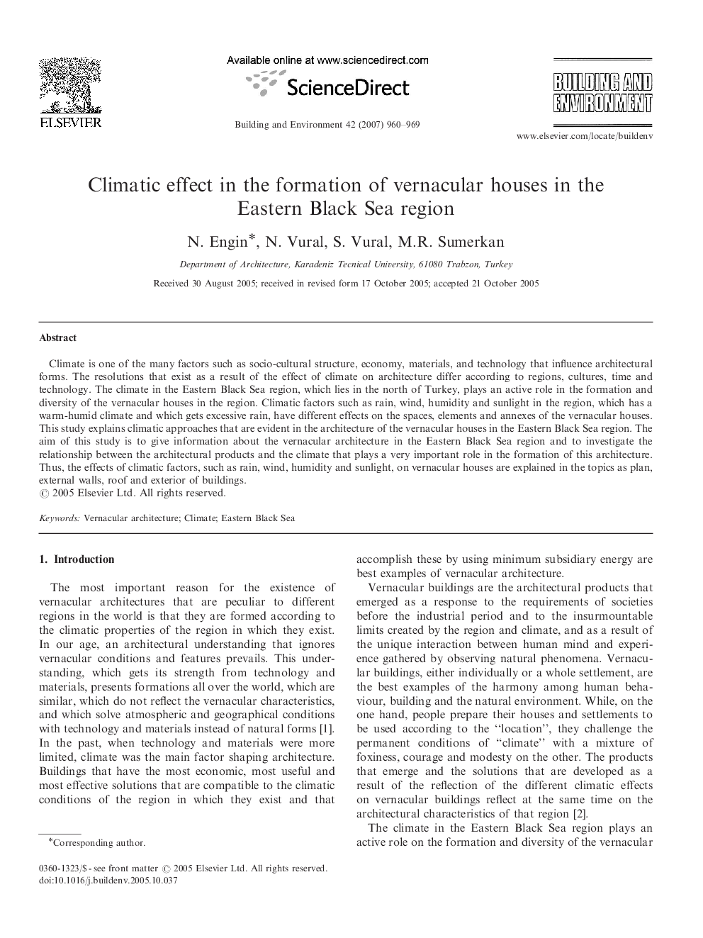 Climatic effect in the formation of vernacular houses in the Eastern Black Sea region