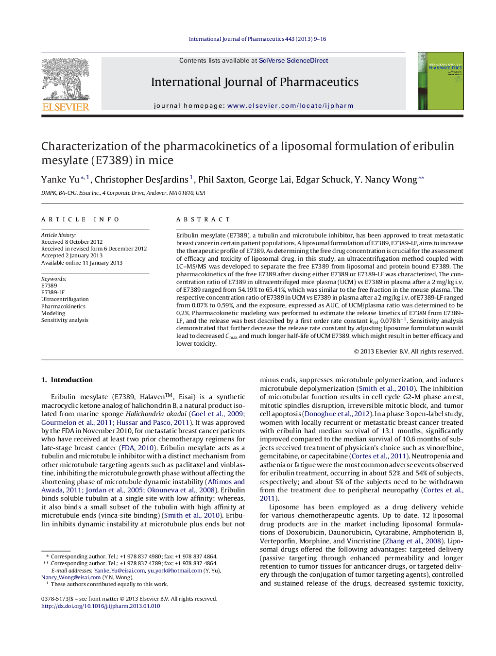 Characterization of the pharmacokinetics of a liposomal formulation of eribulin mesylate (E7389) in mice