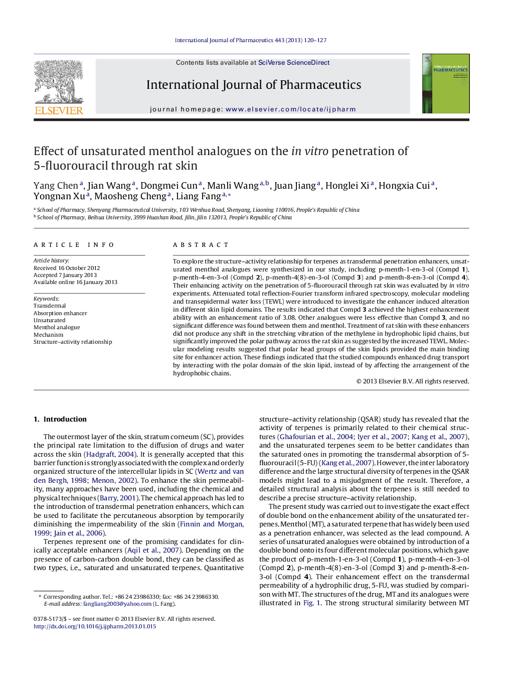 Effect of unsaturated menthol analogues on the in vitro penetration of 5-fluorouracil through rat skin