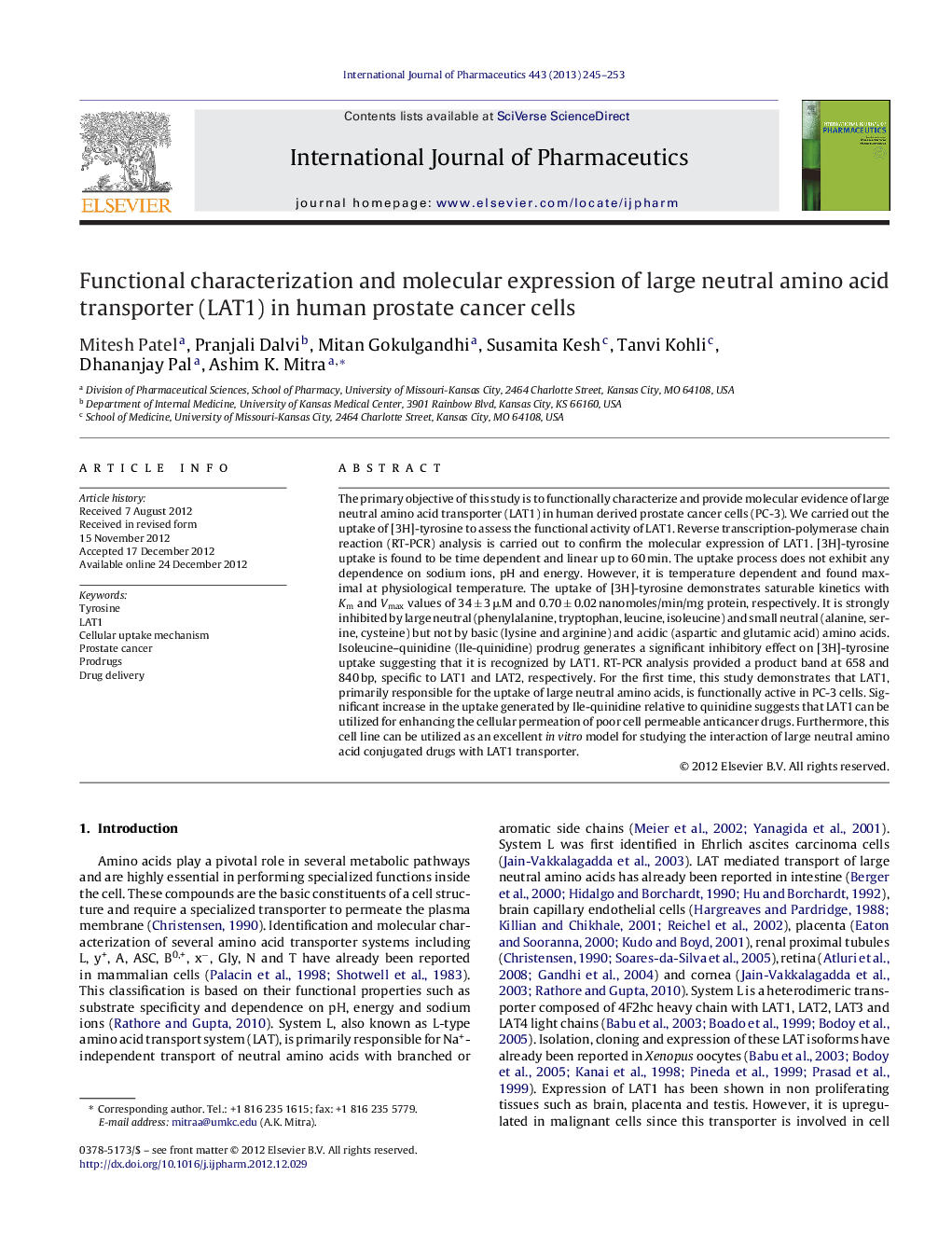 Functional characterization and molecular expression of large neutral amino acid transporter (LAT1) in human prostate cancer cells