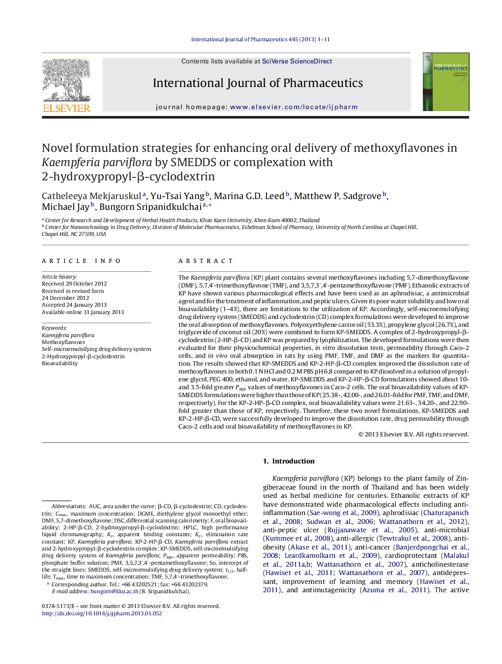 Novel formulation strategies for enhancing oral delivery of methoxyflavones in Kaempferia parviflora by SMEDDS or complexation with 2-hydroxypropyl-β-cyclodextrin