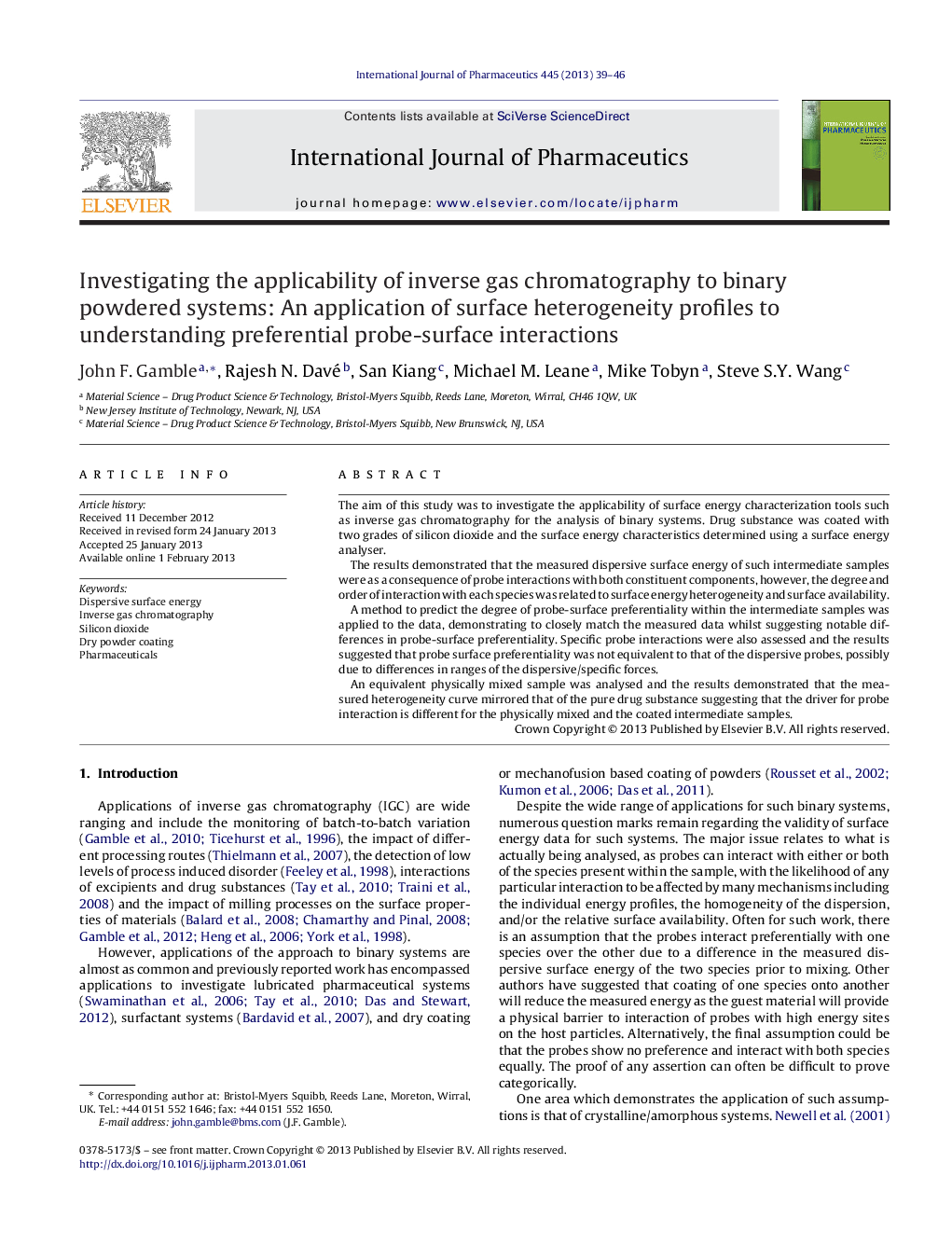 Investigating the applicability of inverse gas chromatography to binary powdered systems: An application of surface heterogeneity profiles to understanding preferential probe-surface interactions