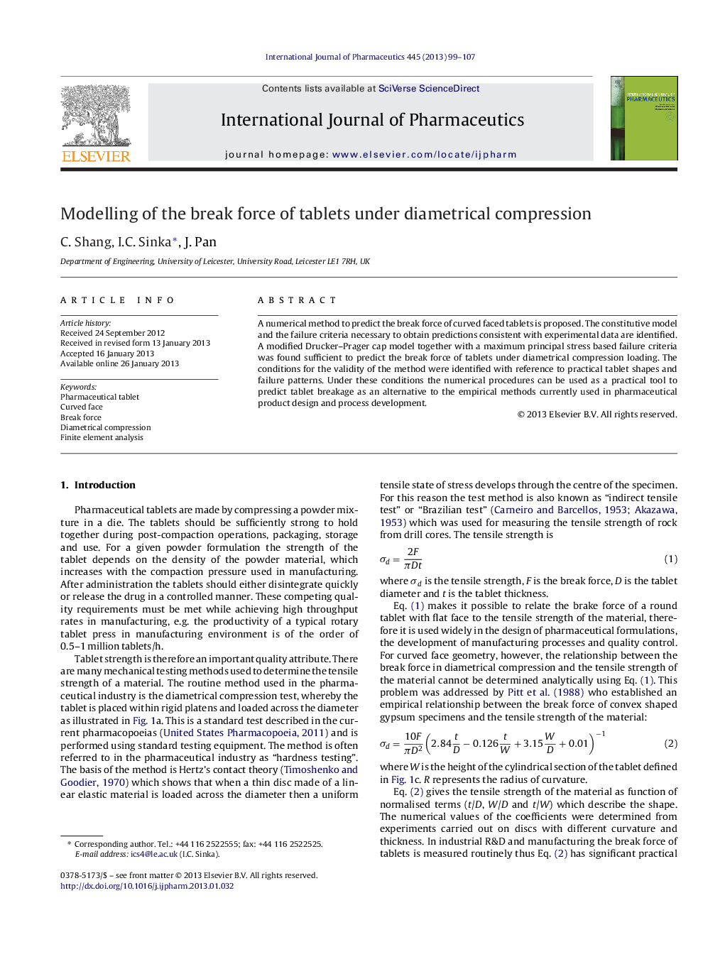 Modelling of the break force of tablets under diametrical compression