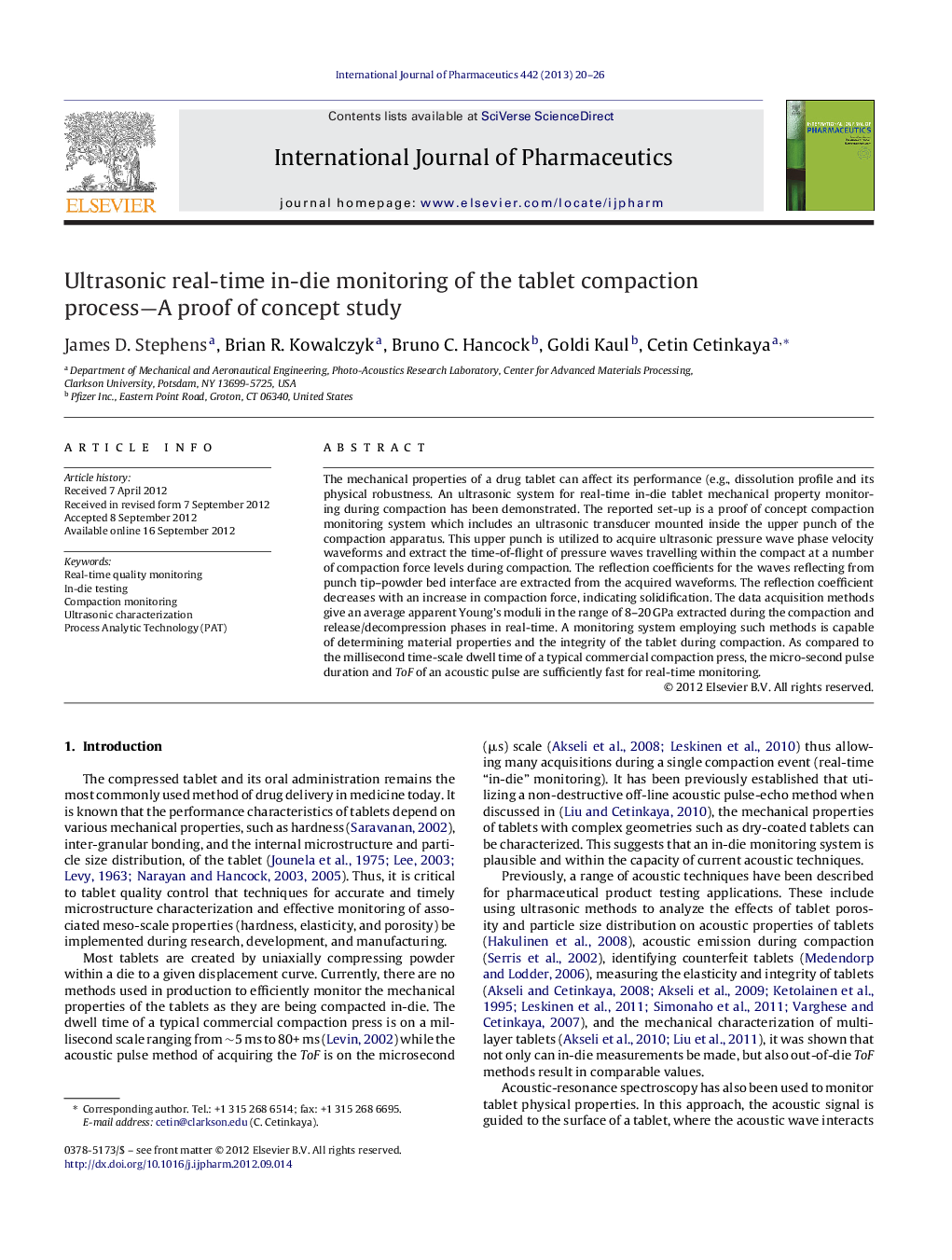 Ultrasonic real-time in-die monitoring of the tablet compaction process—A proof of concept study