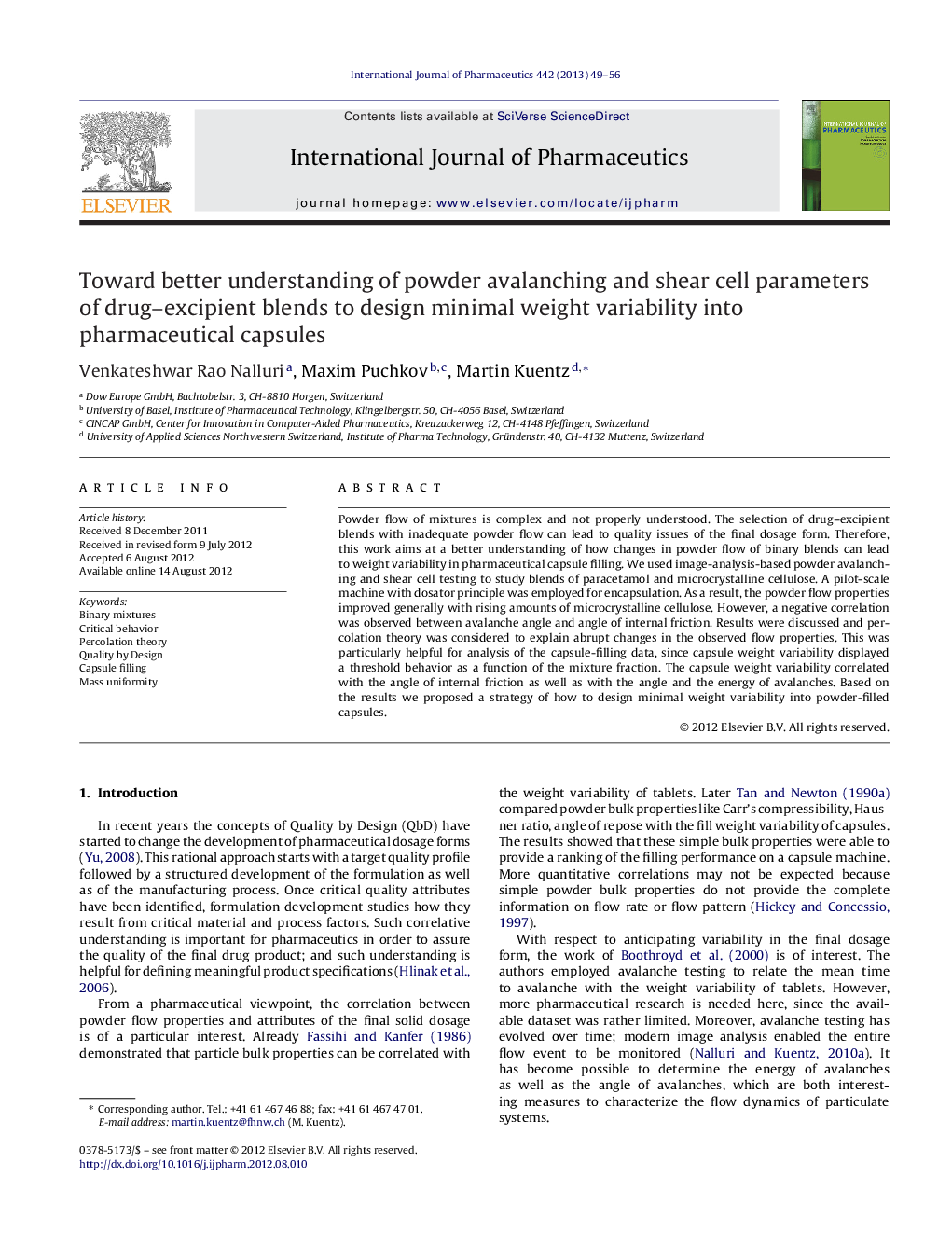 Toward better understanding of powder avalanching and shear cell parameters of drug–excipient blends to design minimal weight variability into pharmaceutical capsules