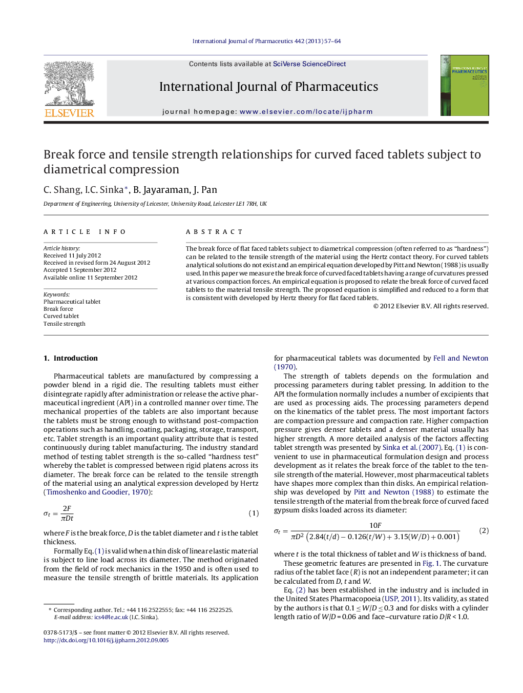 Break force and tensile strength relationships for curved faced tablets subject to diametrical compression